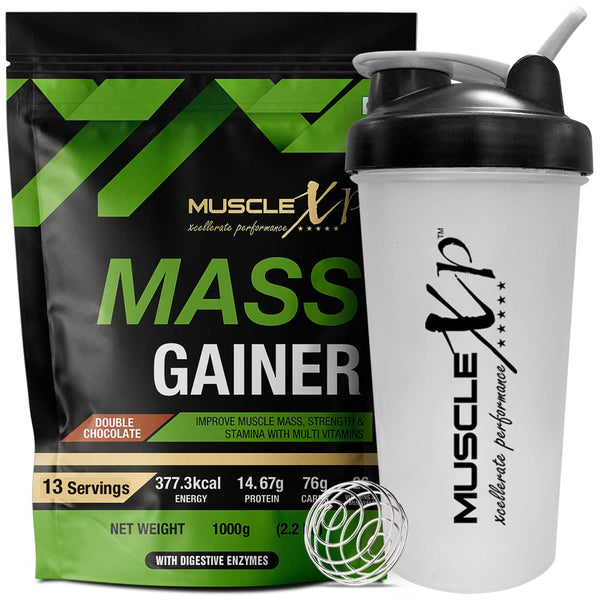Mass Gainer - With 26 Vitamins and Minerals, Double Chocolate, 1kg Pouch + Shaker