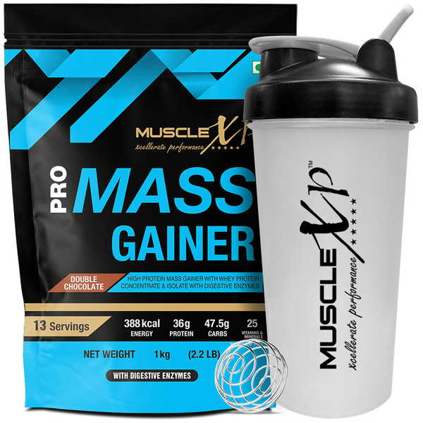 Pro Mass Gainer - With Whey Protein, Double Chocolate, 1kg (Pouch) + Shaker