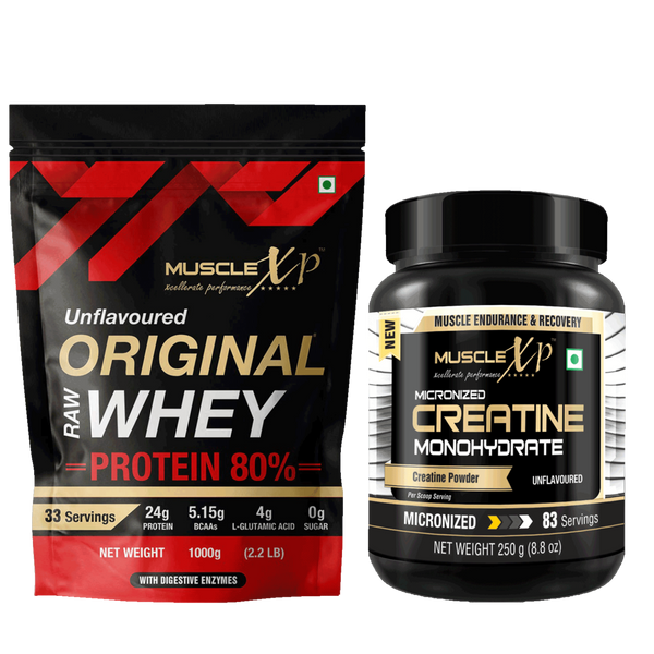 Muscle Enduring Combo | Raw Whey Protein Concentrate 80% Powder, 1kg + Creatine Monohydrate 250g