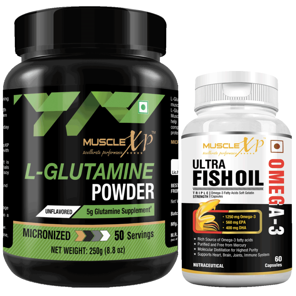 LGlutamine Powder 250g + Omega 3 Ultra Fish Oil 60 Softgels MuscleXP