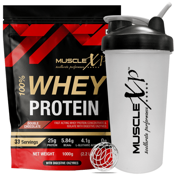 100% Whey Protein With Digestive Enzyme - 1Kg Pouch, Double Chocolate pouch + Shaker