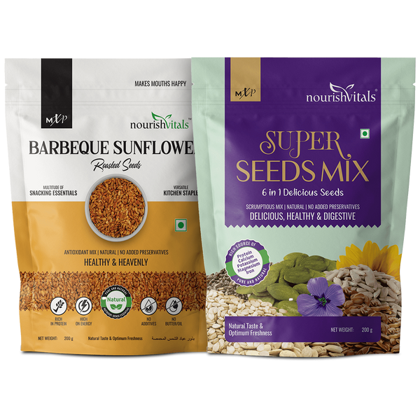 NourishVitals Barbeque Sunflower Roasted Seeds + Super Mix 6 in 1 Seeds, 200gm Each