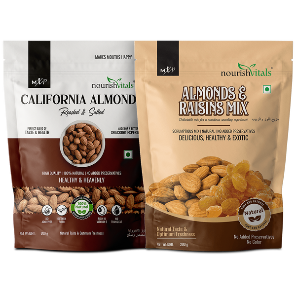 NourishVitals California Roasted and Salted Almonds + Almonds And Raisins Mix, 200gm Each