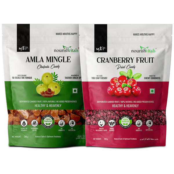 NourishVitals Chatpata Amla Mingle Candy + Cranberry Fruit Dried Candy, 200gm Each