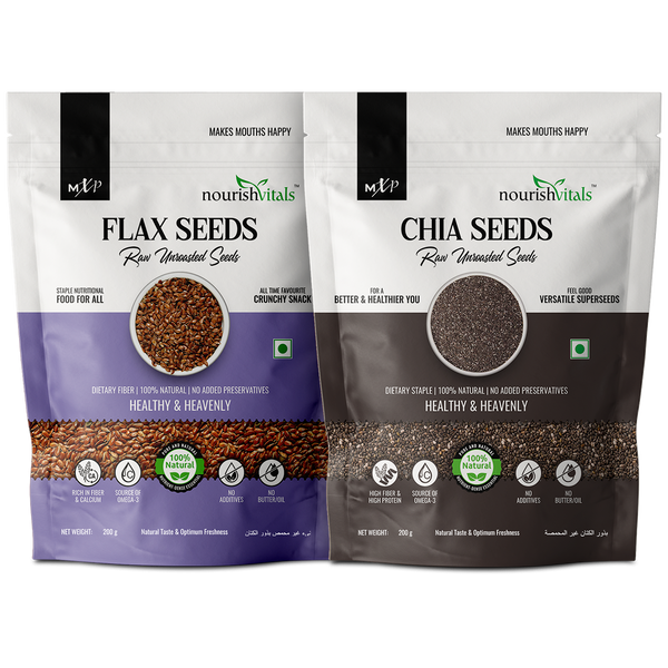 NourishVitals Flax Seeds Raw Unroasted Seeds + Chia Raw Unroasted Seeds, 200gm Each