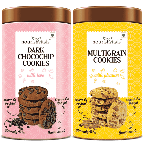 NourishVitals Dark Chocochip Cookies + Multigrain Cookies, 120g Each