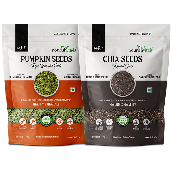 NourishVitals Pumpkin Raw Unroasted Seeds + Chia Roasted Seeds, 200gm Each