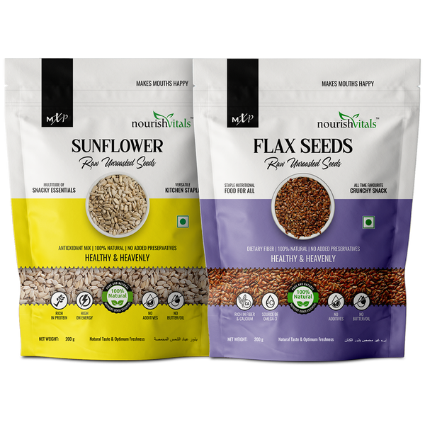 NourishVitals Sunflower Raw Unroasted Seeds + Flax Raw Unroasted Seeds, 200gm Each