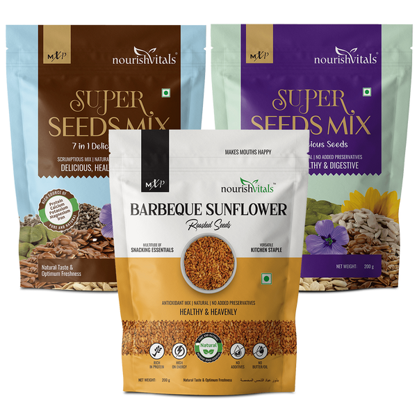 NourishVitals Super Seeds Mix 7 in 1 Delicious Seeds + Barbeque Sunflower Roasted Seed + Super Seeds Mix 6 in 1 Delicious Seeds, 200gm Each