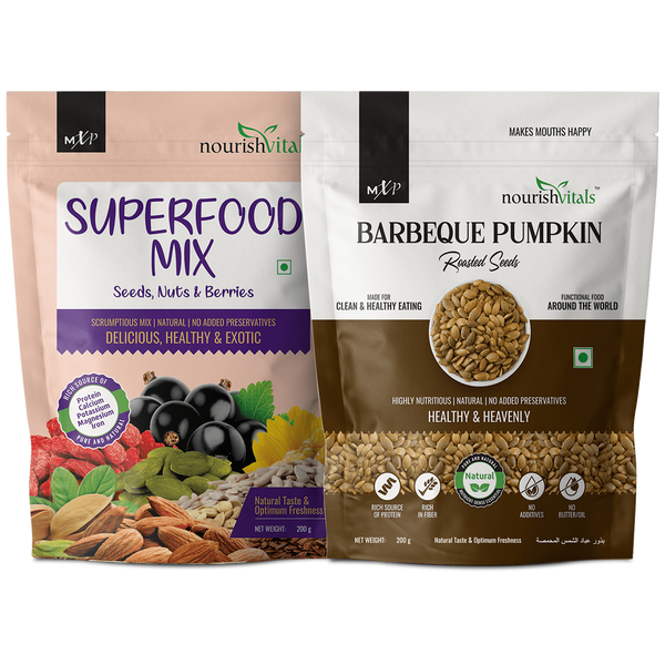 NourishVitals Superfood Mix + Barbeque Pumpkin Roasted Seeds, 200gm Each