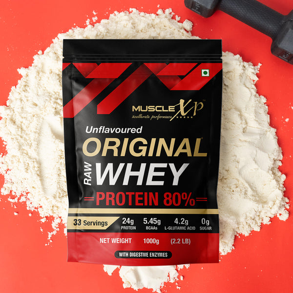 Original Raw Whey Protein Concentrate 80% Powder With Digestive Enzymes, Unflavoured, 1Kg (Pouch)