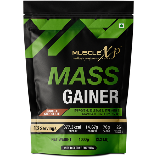 Mass Gainer - With 26 Vitamins and Minerals, Digestive Enzymes, Double Chocolate, 1kg (Pouch)