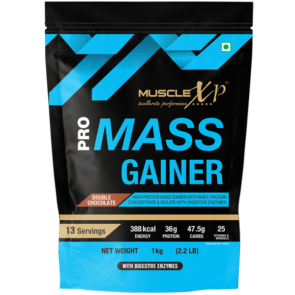 Pro Mass Gainer - With Whey Protein, Isolate, 25 Vitamins and Minerals, Double Chocolate, 1kg (Pouch)