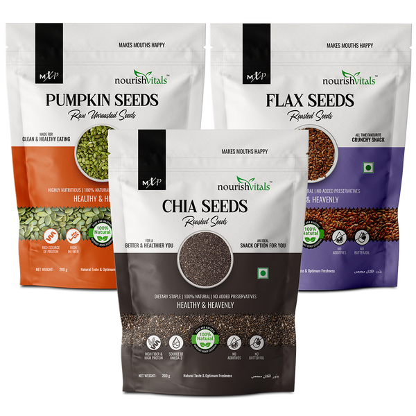 NourishVitals Pumpkin Raw Unroasted Seeds + Chia Roasted Seeds + Flax Roasted Seeds, 200gm Each