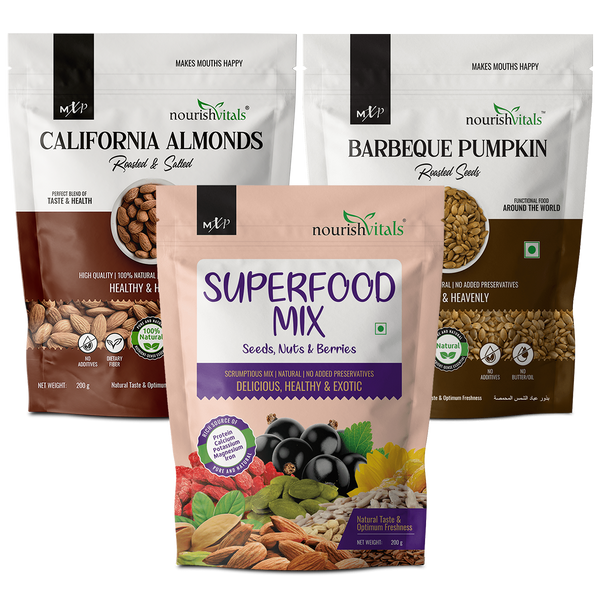 NourishVitals California Roasted and Salted Almonds + Superfood Mix, Seeds + Barbeque Pumpkin Roasted Seed, 200gm Each