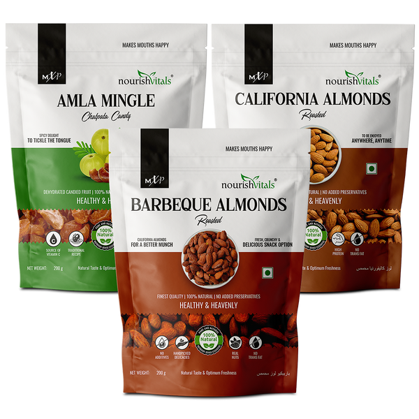NourishVitals Chatpata Amla Mingle Candy + Barbeque Roasted Almonds + California Roasted Almonds, 200gm Each