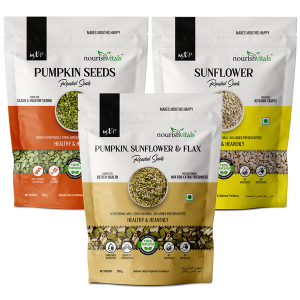 NourishVitals Pumpkin Roasted Seeds + Pumpkin, Sunflower and Flax Roasted Seeds + Sunflower Roasted Seeds, 200gm Each