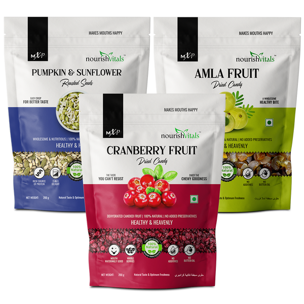 NourishVitals Pumpkin and Sunflower Roasted Seeds + Cranberry Fruit Dried Candy + Amla Fruit Dried Candy, 200gm Each