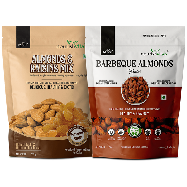 NourishVitals Almonds And Raisins Mix + Barbeque Roasted Almonds, 200gm Each