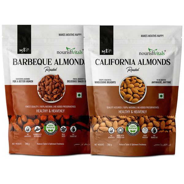 NourishVitals Barbeque Roasted Almonds + California Roasted Almonds, 200gm Each