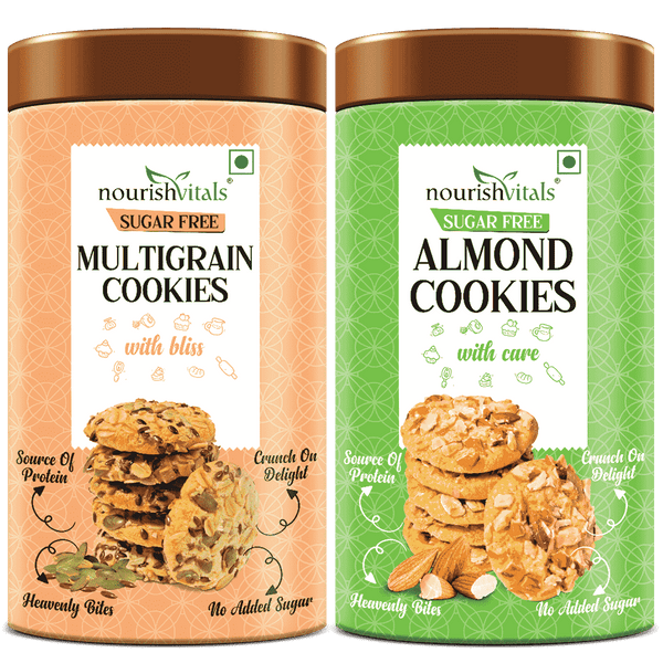 NourishVitals Multigrain Sugar Free Cookies + Almond Sugar Free Cookies, 120g Each