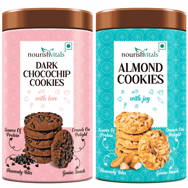 NourishVitals Dark Chocochip Cookies + Almond Cookies, 120g Each