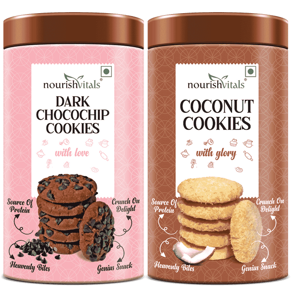NourishVitals Dark Chocochip Cookies + Coconut Cookies, 120g Each