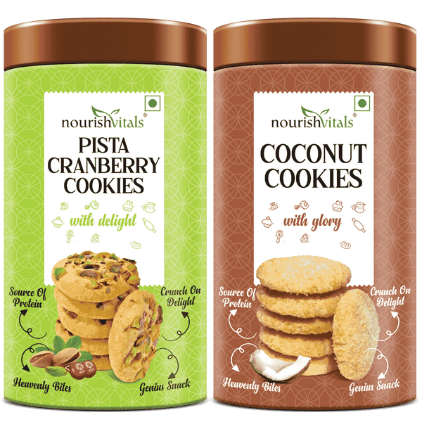 NourishVitals Pista Cranberry Cookies + Coconut Cookies, 120g Each