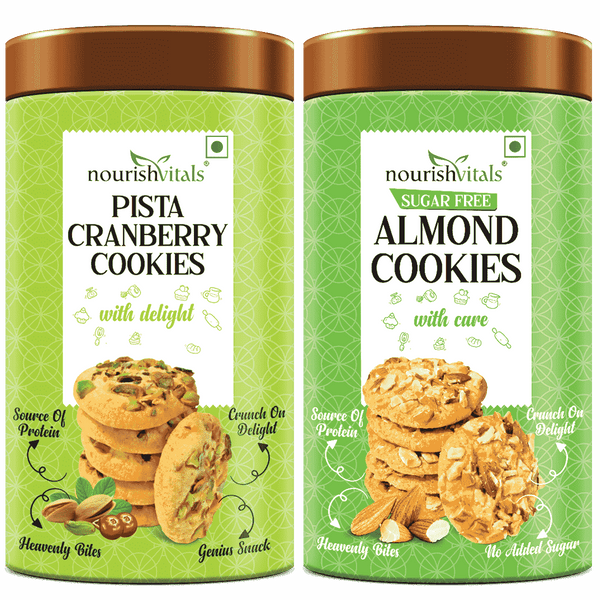 NourishVitals Pista Cranberry Cookies + Almond Sugar Free Cookies, 120g Each