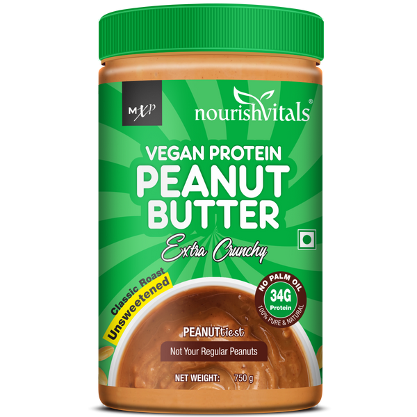 NourishVitals Vegan High Protein Peanut Butter (Extra Crunchy), 750 g