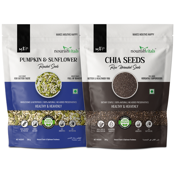 NourishVitals Pumpkin & Sunflower Roasted Seeds + Chia Raw Unroasted Seeds, 200gm Each