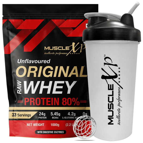 Original Raw Whey Protein Concentrate 80% Powder, Unflavored, 1Kg (2.2lb) + Shaker