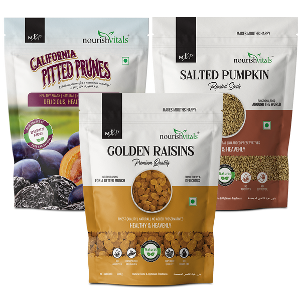 NourishVitals California Pitted Prunes + Golden Raisins Premium Quality + Salted Pumpkin Roasted Seed, 200gm Each