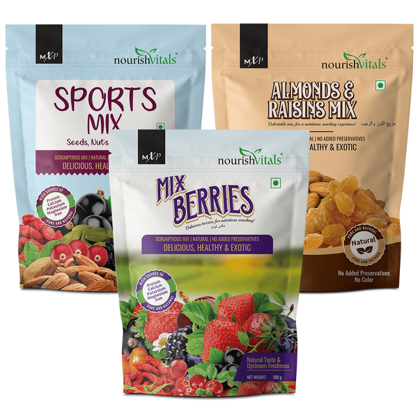 NourishVitals Sports Mix, Seeds, Nuts & Berries + Mix Berries, Scrumptious Mix + Almonds And Raisins Mix, 200gm Each